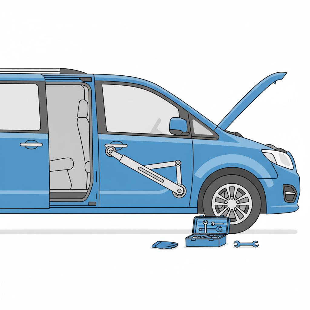 Minimal vector illustration of a minivan sliding door rails and hinges with hood up and tools nearby illustrating vehicle inspection mini vans for sale