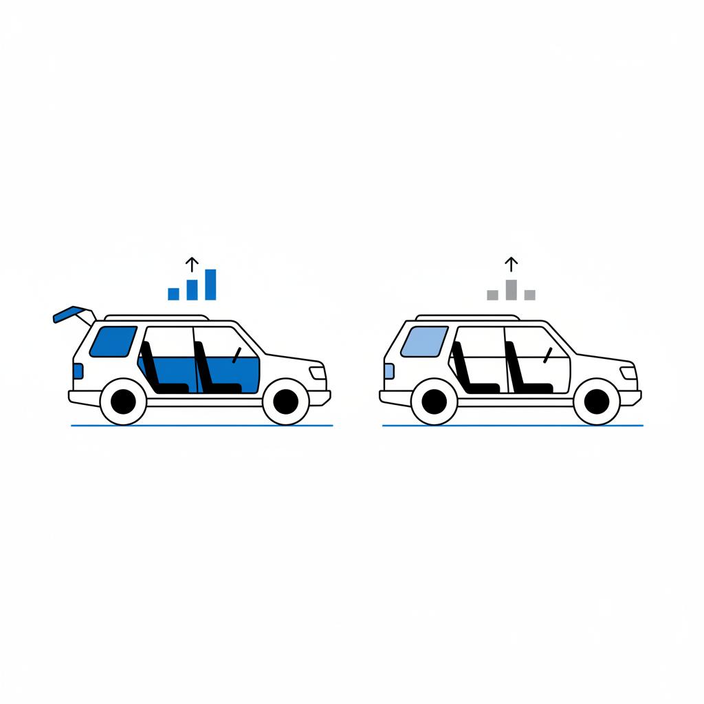 Minimalist 2D vector side by side comparison of two SUVs showing a two row SUV and a third row SUV with cargo areas highlighted to compare capacity third row suv for sale