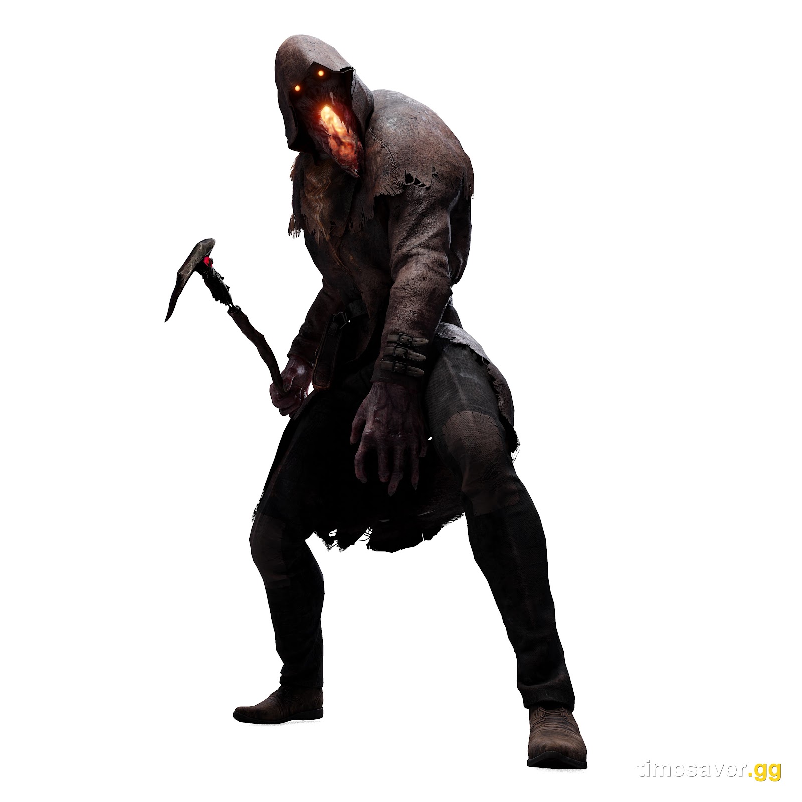 Full-body Dead by Daylight store render of The Blight hunched forward in his default outfit, glowing eyes under a grey hood, holding the Bonebuster low in one hand