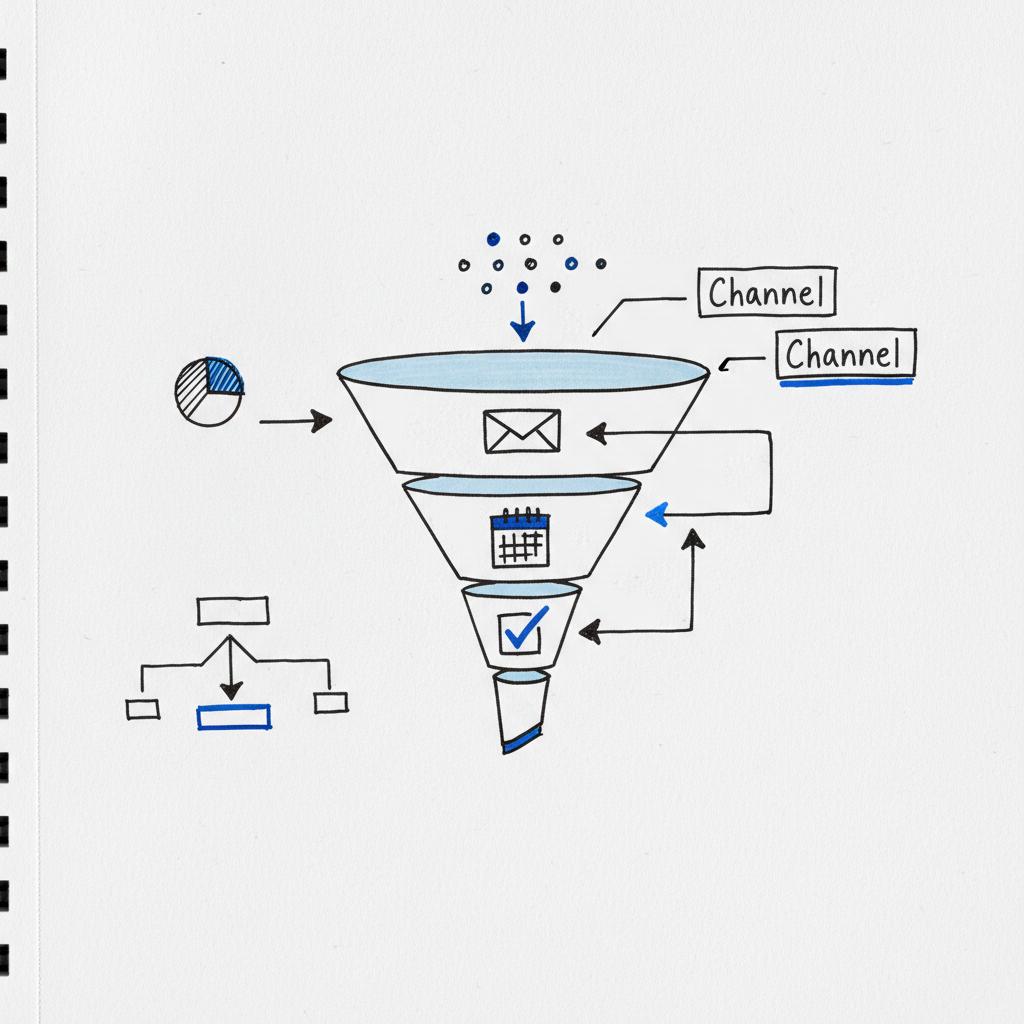 Close-up notepad with hand-drawn four-stage funnel diagram and simple icons on a minimalist white page, Agency Visible colors, Angi leads vs Angi Ads