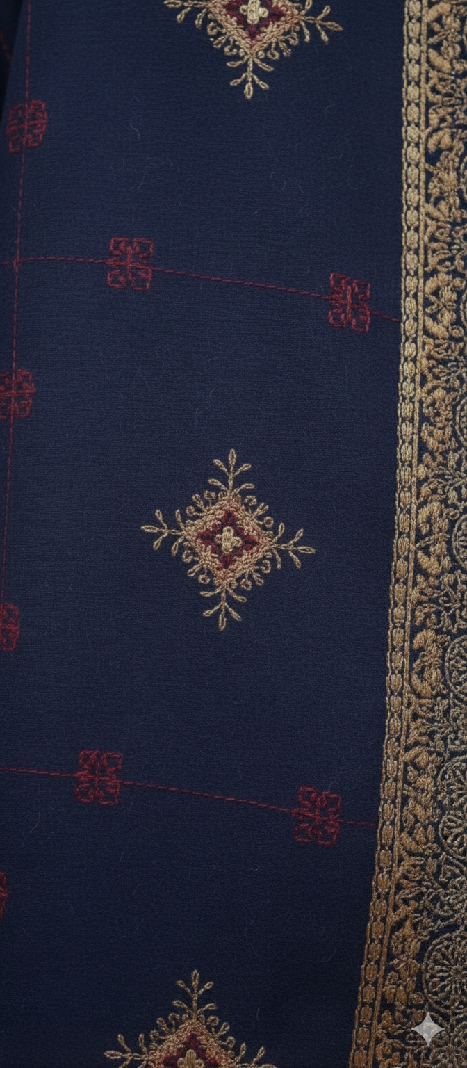 Hand-Woven Patterned Blue Wool Shawl | Elegant Jacquard Style Winter Wrap