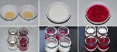 Chia gelatine vào hai bát khác nhau. Đổ sữa chua và nước thanh long vào mỗi bát có sẵn gelatine. Trộn đều. Đổ phần sữa chua vào cốc nhỏ, chỉ đổ đến 1/3 cốc. Để trong tủ lạnh cho đông lại, mất khoảng 20 phút. Sau khi được lớp thạch sữa chua, đổ thêm lớp thanh long lên trên, tiếp tục để trong tủ lạnh cho đông. Cuối cùng đổ sữa chua lên trên cùng, bảo quản trong tủ lạnh. Khi đông lại hoàn toàn có thể ăn được.