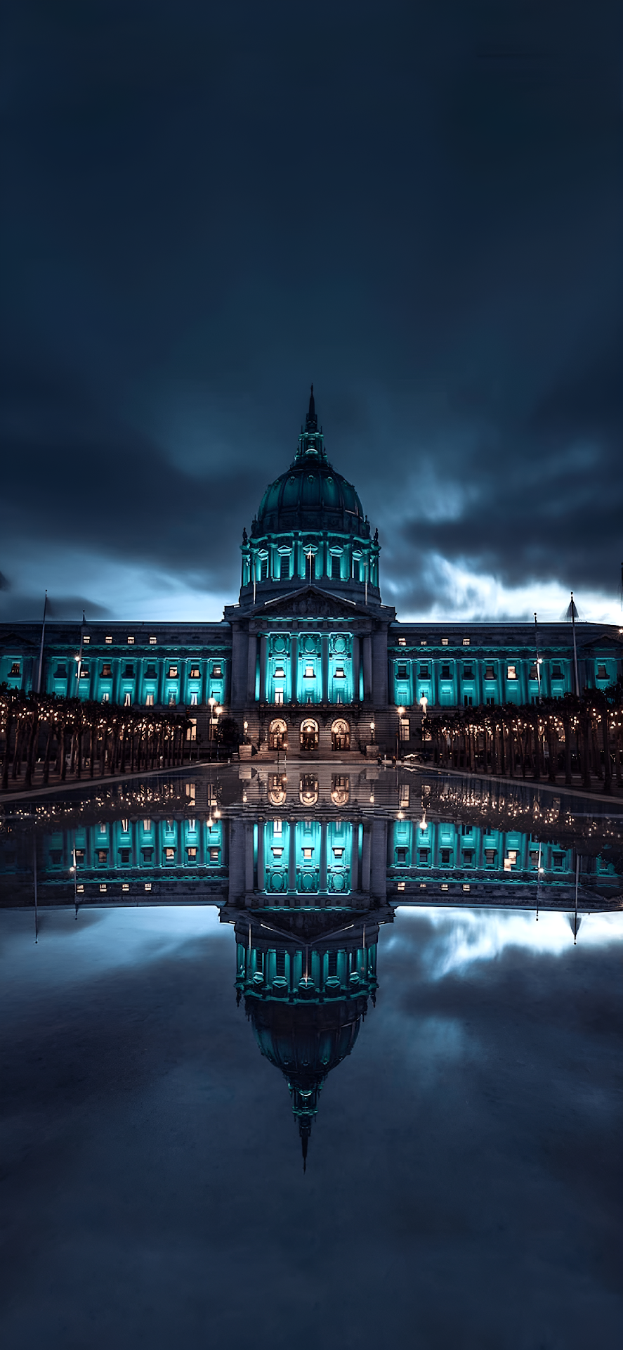 San Francisco City Hall Teal Night Reflection Symmetry - Free 4K mobile Wallpaper