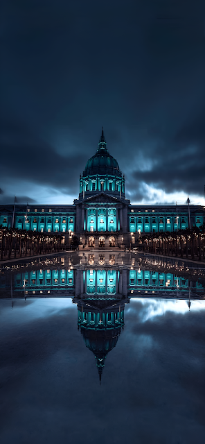 San Francisco City Hall Teal Night Reflection Symmetry - Free mobile Wallpaper