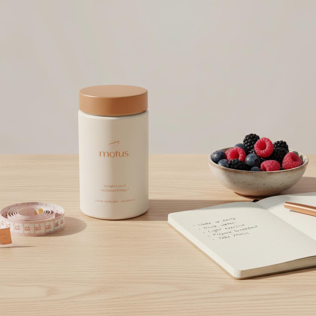 Motus supplement bottle on a wooden table with measuring tape, open morning checklist and bowl of berries in a minimalist Tonum scene for probiotics for weight loss