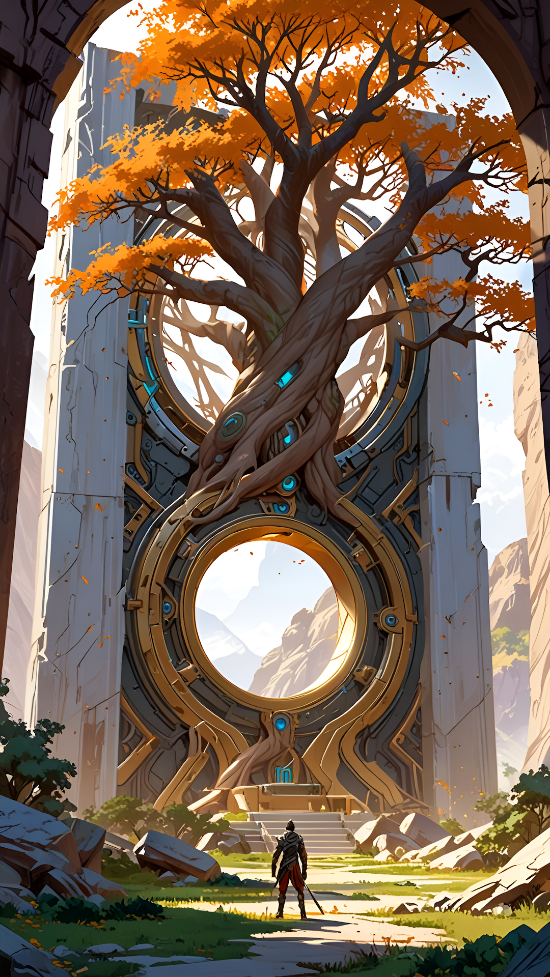 Ancient Portal Gate Autumn Tree Fantasy Scene - Free 4K mobile Wallpaper