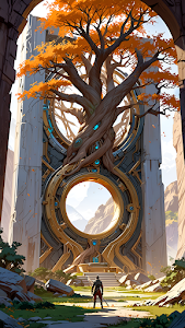 Ancient Portal Gate Autumn Tree Fantasy Scene