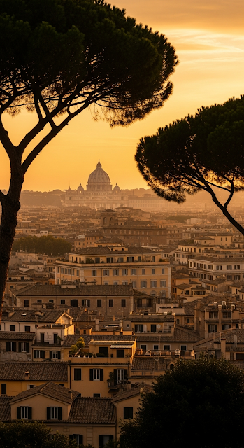 Elevated Vertical View of Rome Rooftops and St. Peter's Dome at Sunset - Free mobile Wallpaper