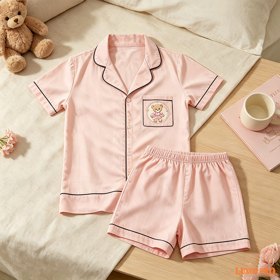 AOP Kids Short Satin Pajama Set with Pockets
