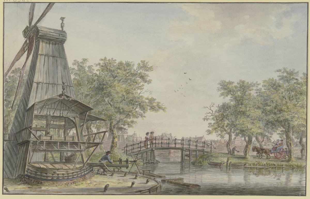 Holländische Landschaft an einem Kanal über den eine Brücke führt 1783