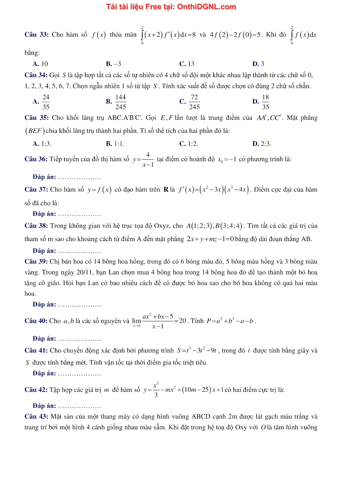 1300 bài tập môn Toán - Ôn thi ĐGNL ĐHQG Hà Nội Phần 15