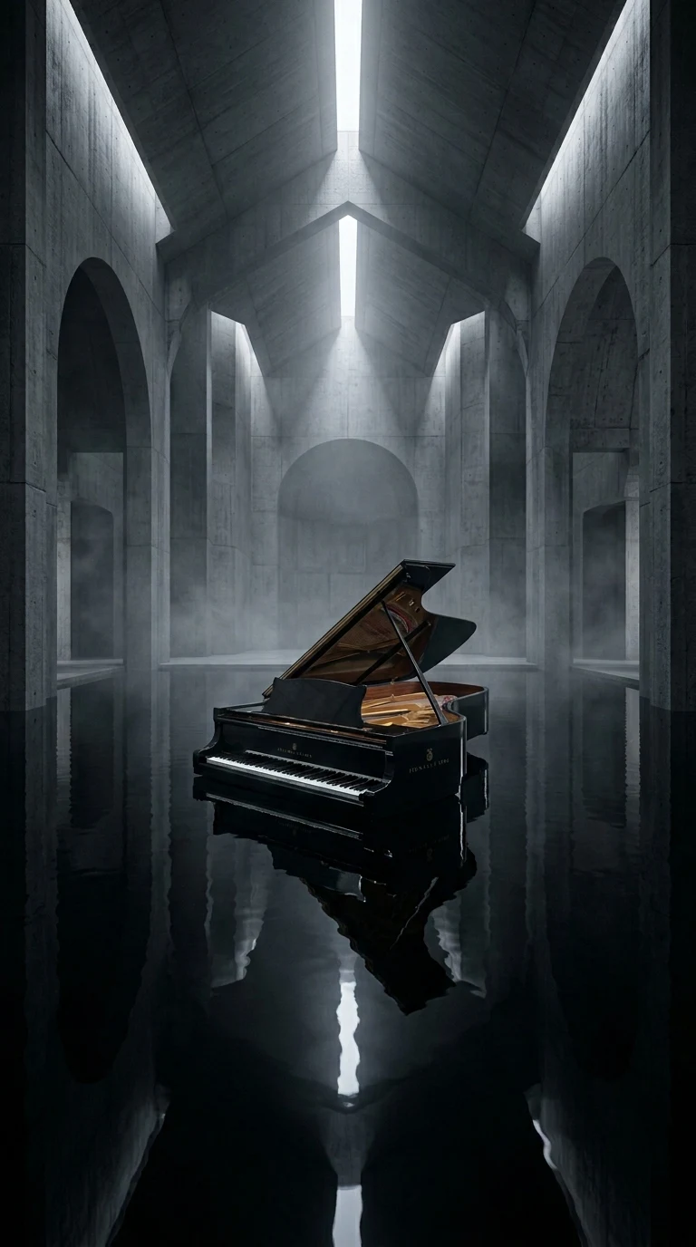 Submerged Grand Piano in Brutalist Cathedral Wallpaper - Free 4K mobile Wallpaper