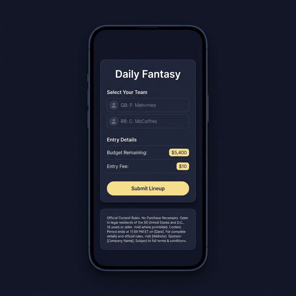 Close up Funded Plays mobile app contest entry screen for Daily Fantasy showing form fields and clear readable rules panel in a minimalist dark theme draft kings legal