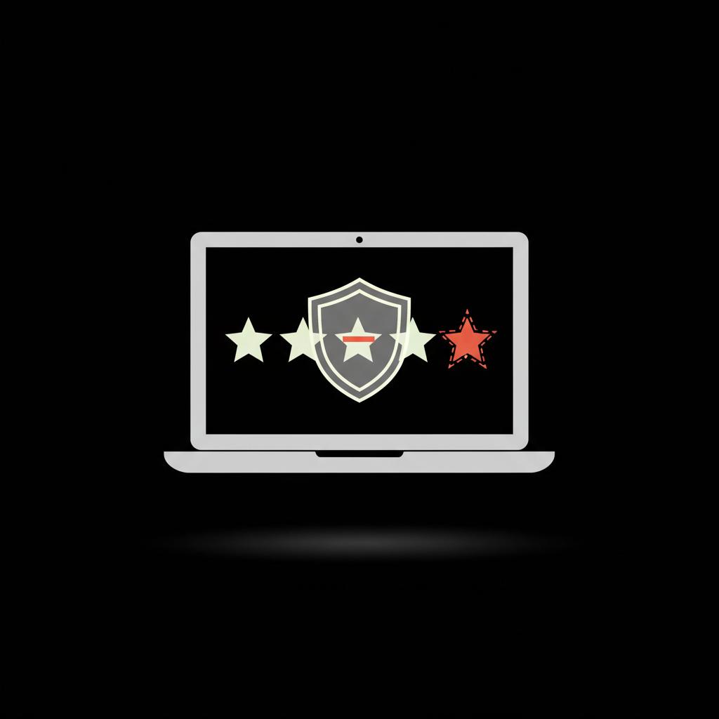 Minimal vector laptop with review stars and a protective shield overlay showing a star being removed, illustrating how to delete a review