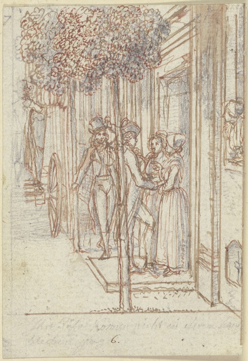 Zwei Frauen stehen an einer Haustür unter Bäumen ca 1795