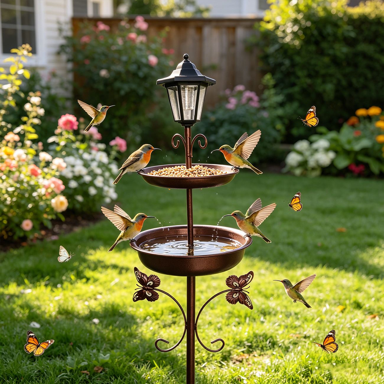 Solar Bird Bath and Feeding Station Made of Iron