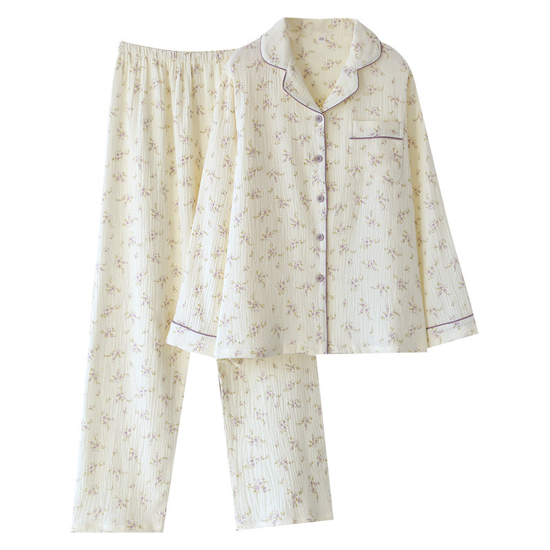 Damen-Pyjama-Set, Baumwolle, Langarm, mit Revers