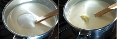 Đun nóng 960ml kem sữa tươi với 100g đường cho đến khi đường tan hết. Sau đó cho phần gừng nạo vào. Trong gừng có 1 loại enzyme làm giảm khả năng đông của gelatine vì thế nên đun nóng lên để hủy bớt loại enzyme này. Tắt bếp, nhấc ra.