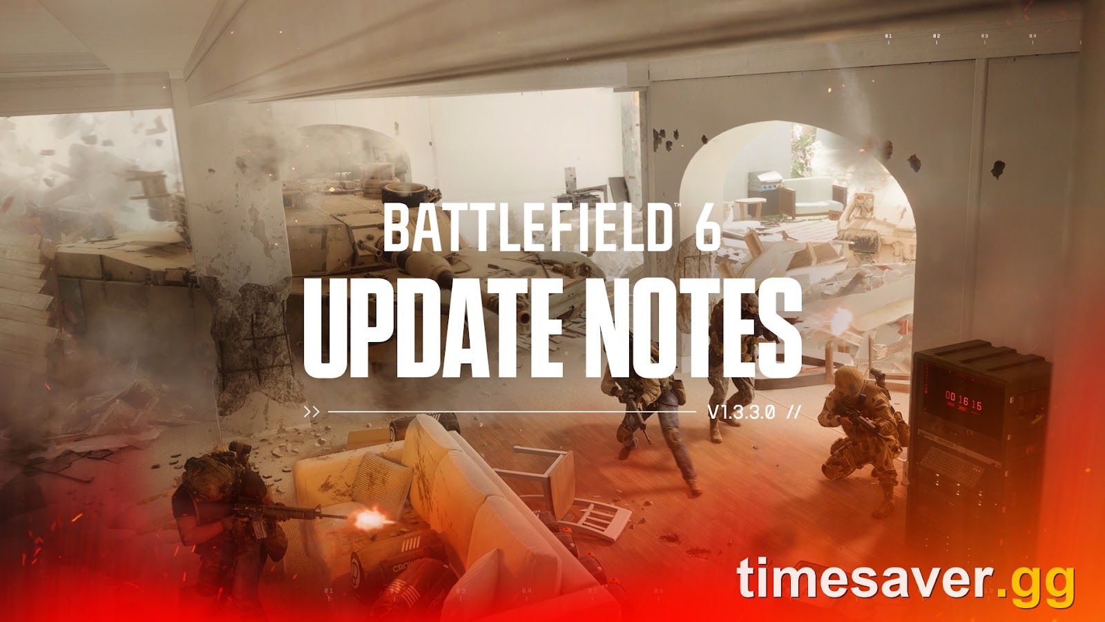 Battlefield 6 Update Notes version 1.3.3.0 banner showing a soldier firing a bipod-mounted machine gun from cover inside a collapsing building