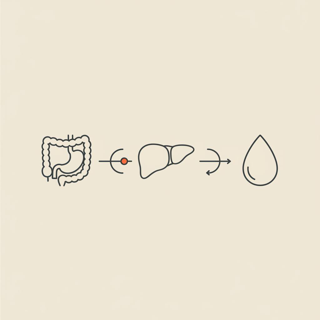 Minimalist vector illustration of a gut, liver, and lipid droplet connected by arrows on a beige background, representing lipid metabolism
