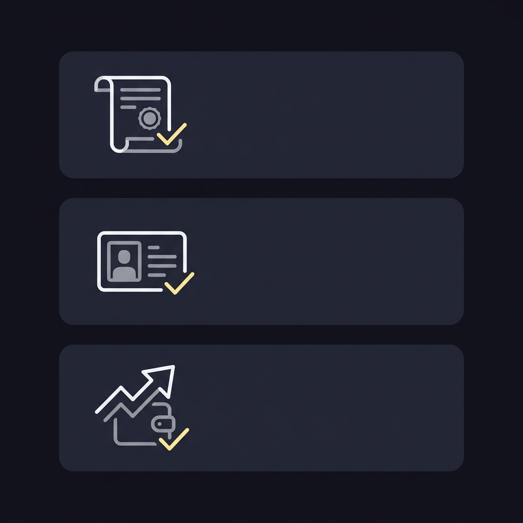 Minimal 2D vector checklist showing license roll KYC and withdrawal check icons in Funded Plays colors for americas cardroom sportsbook
