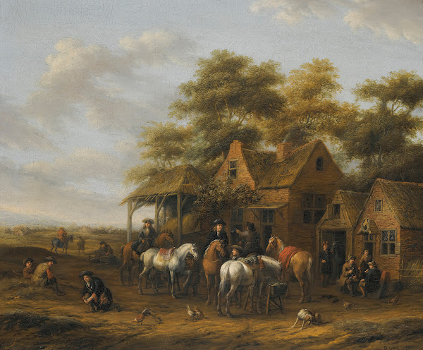 Village Scene With Numerous Figures Horses And Chickens
