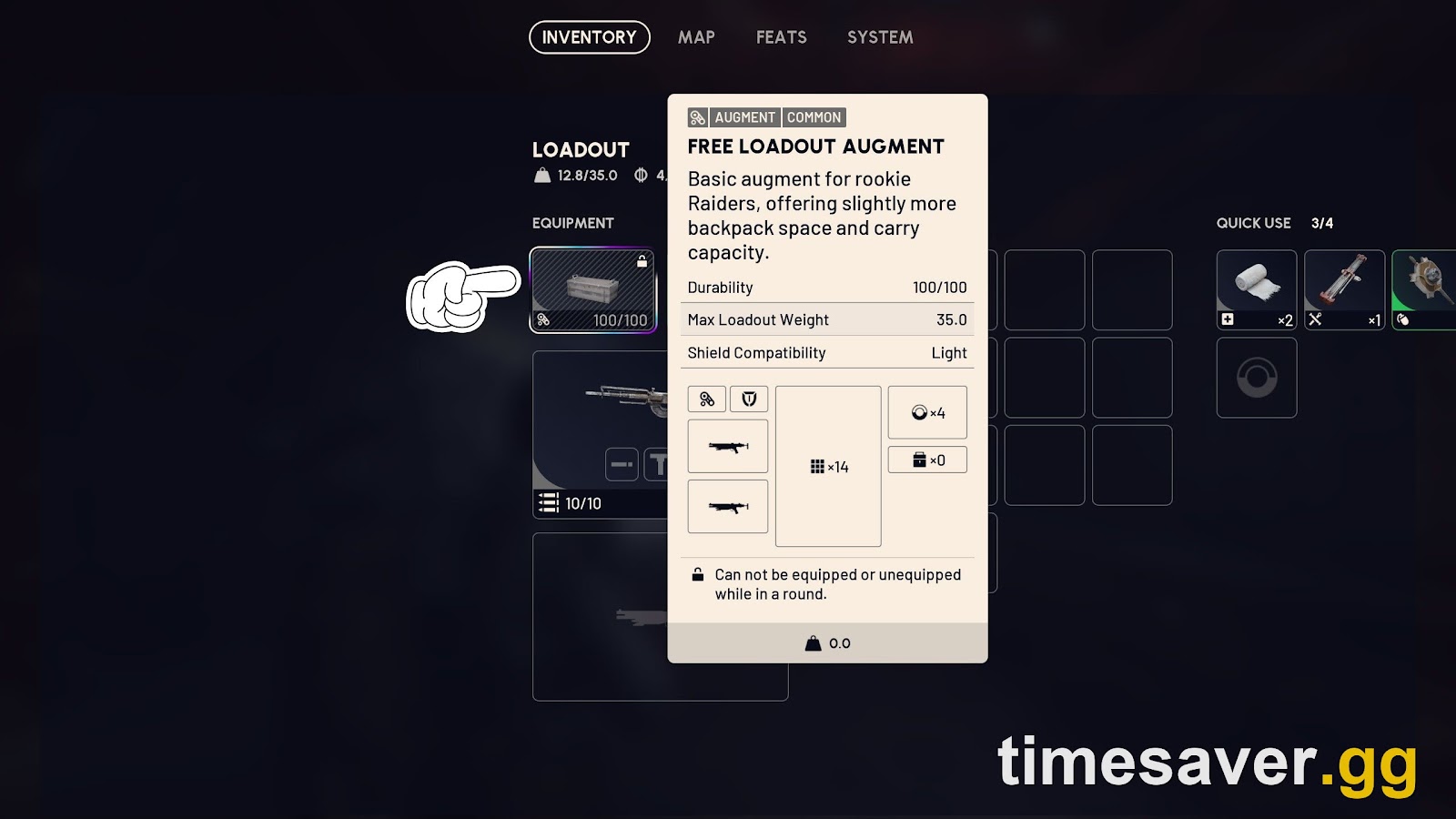 ARC Raiders loadout screen showing an augment tooltip — augments set weight, shield compatibility and backpack space, and cannot be equipped or unequipped mid-round