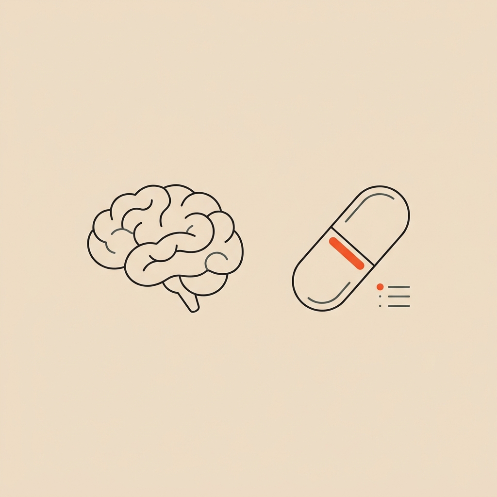 Minimalist 2D vector line illustration of a brain outline with a capsule and small checklist on beige background representing mild cognitive impairment