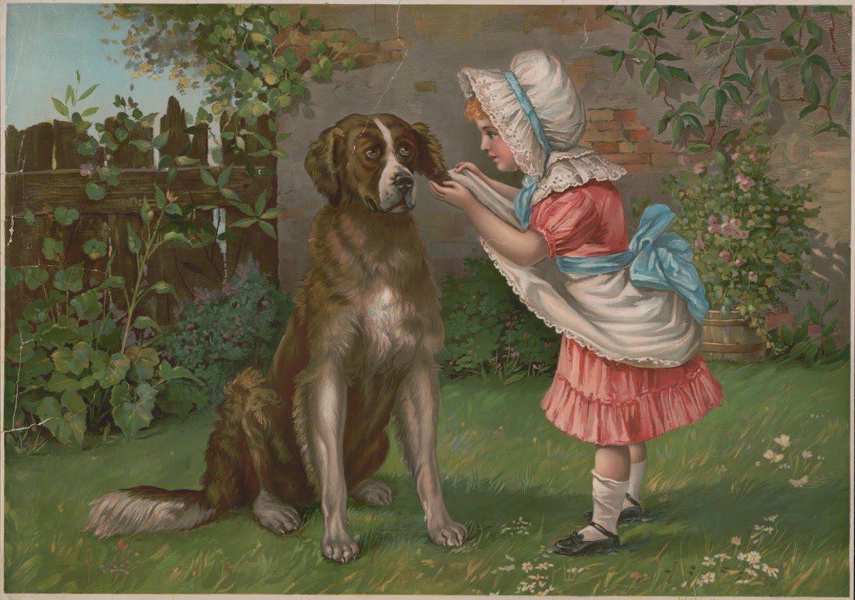 Girl in pink dress and white bonnet with dog 1892