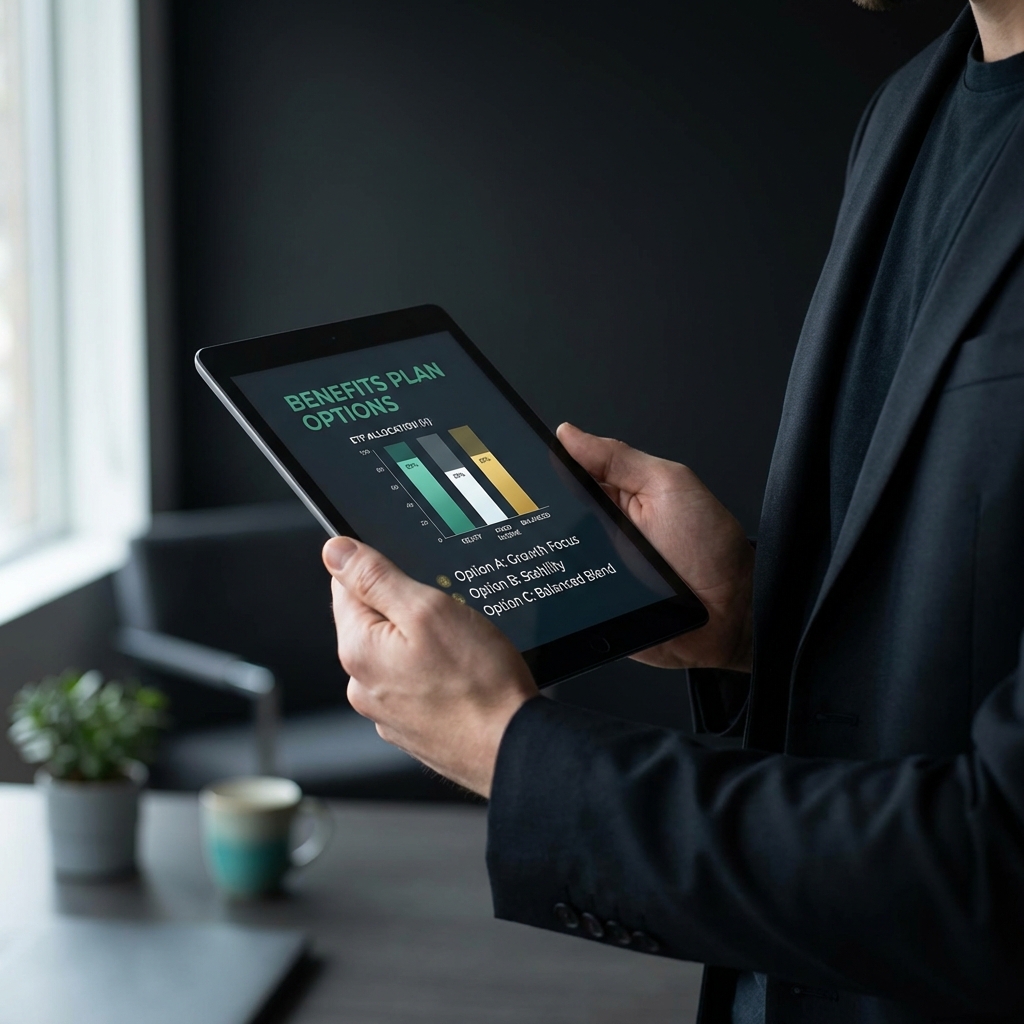 Benefits administrator using a tablet to explain crypto 401k plan options with a small ETF style bar chart in the background in a clean corporate setting