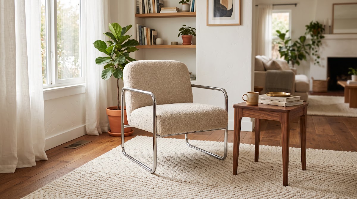How to Soften Chrome Accent Chairs With Warm Textiles - small apartment chrome furniture measured beside warm wood storage