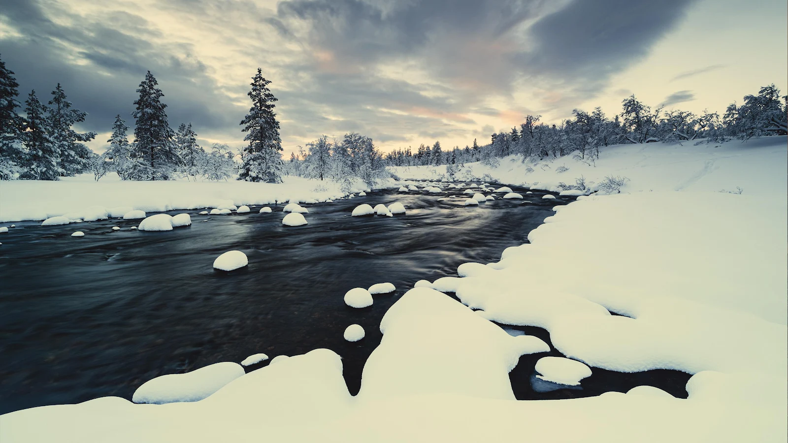 Winter Landscape, Snowy River, Forest Winter, Nordic Scenery 4K Wallpaper Background (3840x2160)