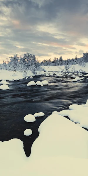 Winter Landscape, Snowy River, Forest Winter, Nordic Scenery 4K Wallpaper Background