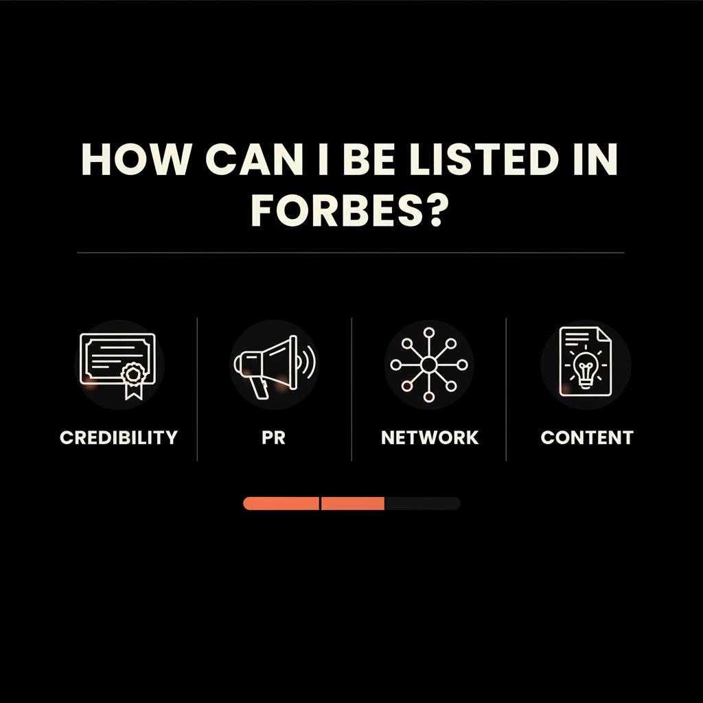 Minimal full-frame infographic with vector icons for PR, credibility, networking and thought leadership — How can I be listed in Forbes?
