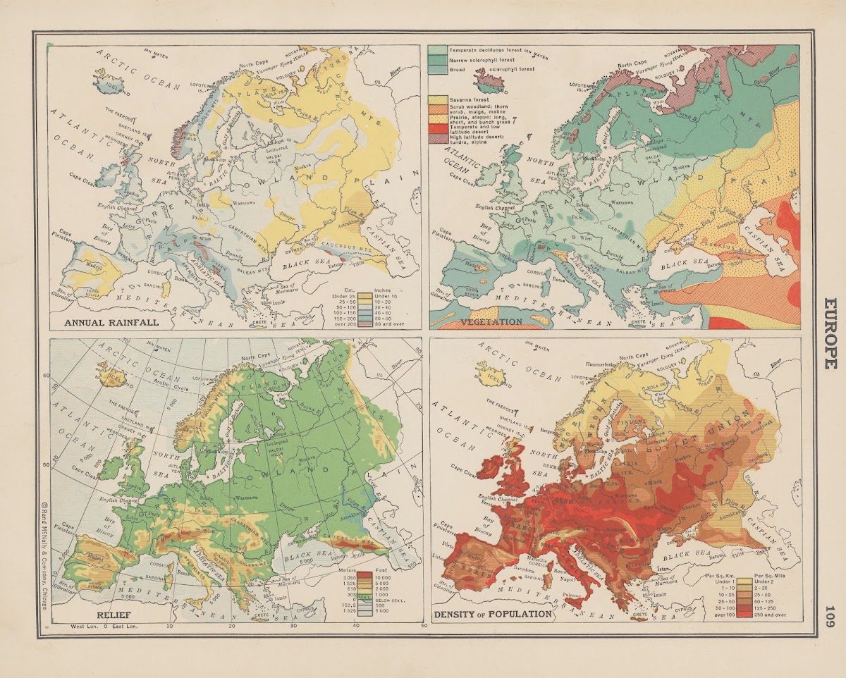 Europe Annual Rainfall Vegetation Land Relief Density of Population 1943