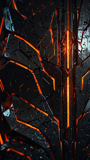 Fractured black surface with glowing orange lava cracks - Free mobile Wallpaper
