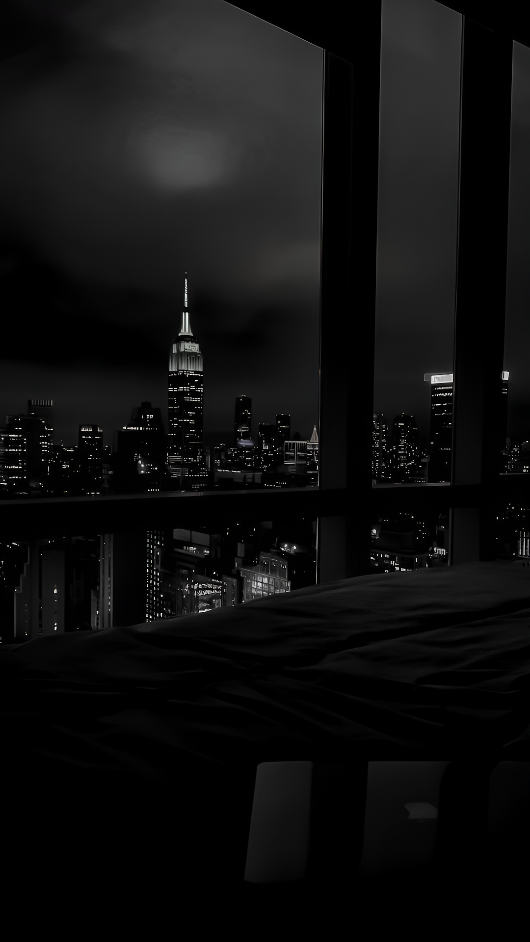 New York City Skyline Night View Monochrome Window Frame - Free 4K mobile Wallpaper
