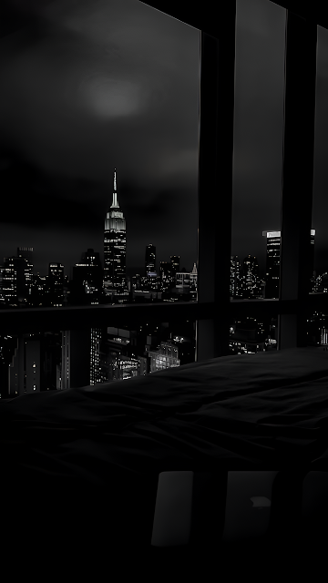 New York City Skyline Night View Monochrome Window Frame - Free mobile Wallpaper