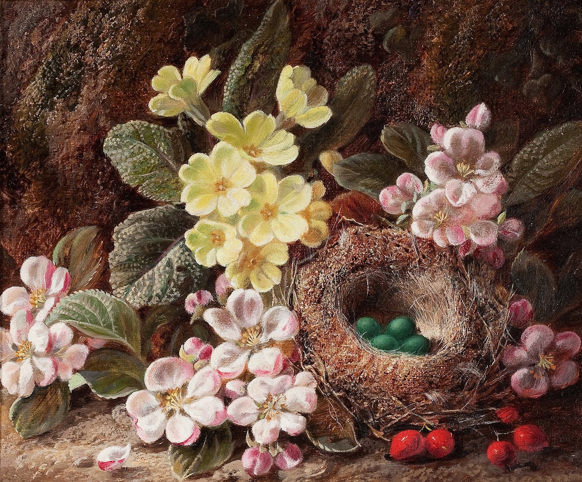 Still Life with Apple Blossom Primroses and Birds Nest