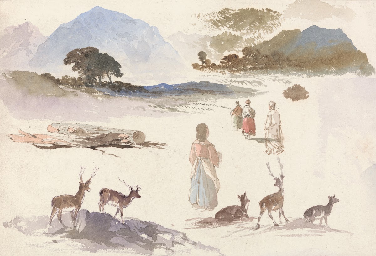 Sheet of Studies of Deer Figures and Landscape