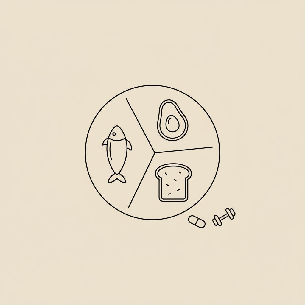 Minimalist vector line illustration of a divided plate showing protein, healthy fats and simple carbs with a capsule and dumbbell, illustrating liver disease symptoms weight loss.