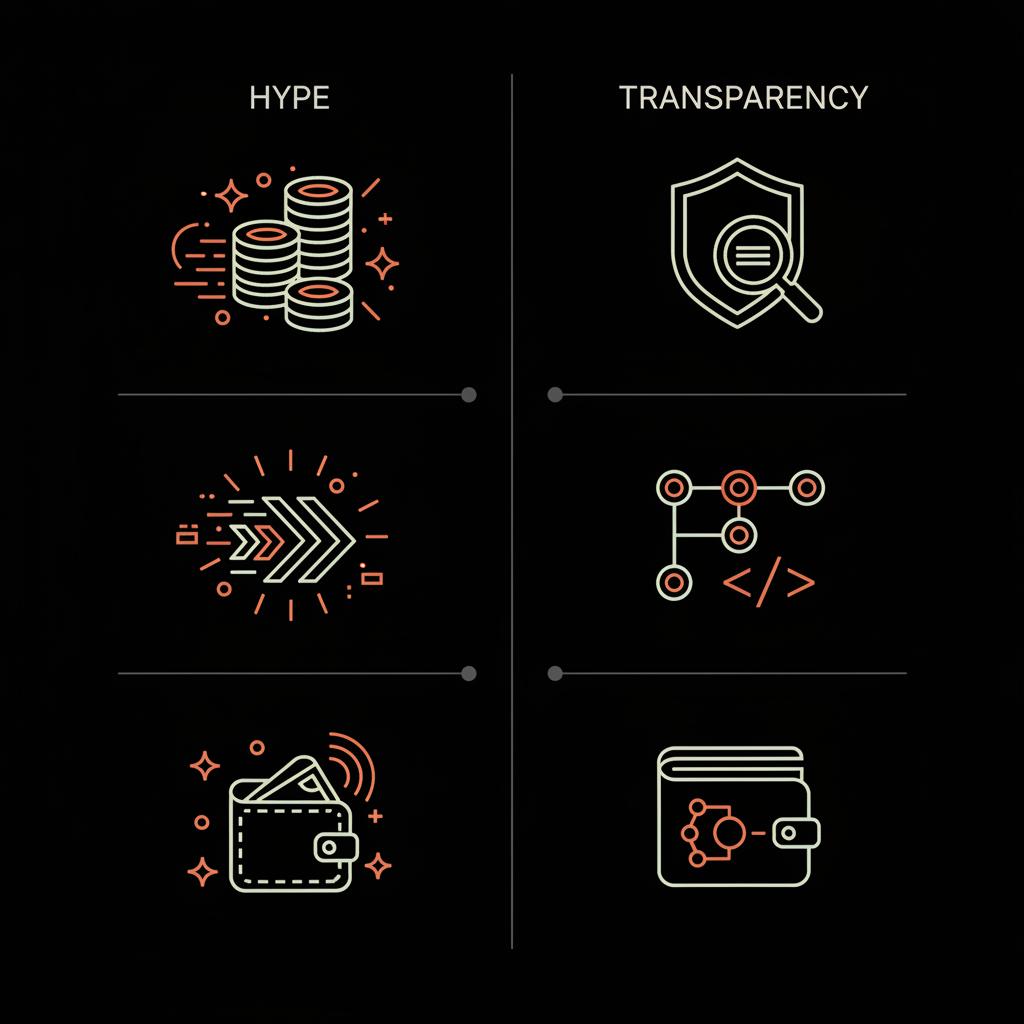 Minimal 2D vector infographic comparing hype vs transparency with icons for audits, code commits and active wallets — what is PR in coins