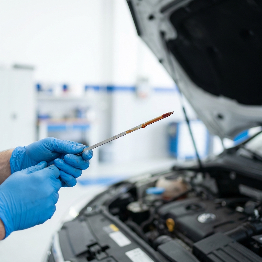Close up of mechanic inspecting transmission fluid dipstick with gloves fluid color visible in workshop background chevy malibu for sale