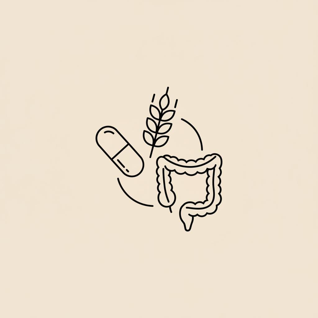 Tonum-style minimalist line icon: capsule, wheat stalk, stylized intestine on beige #F2E5D5 background — gut fiber and how long do probiotics take to work
