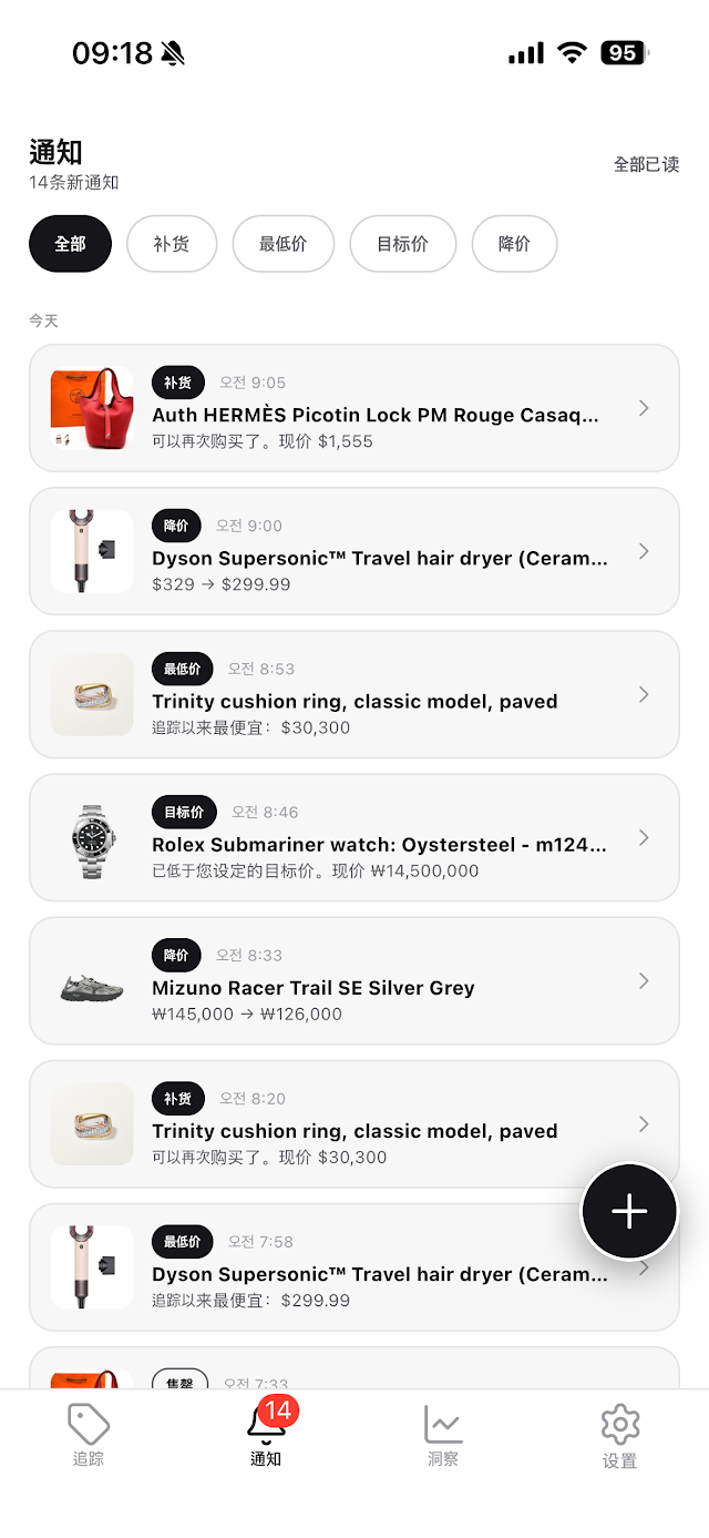 Restocky通知一览。补货、最低价、目标价、降价等提醒并列的界面