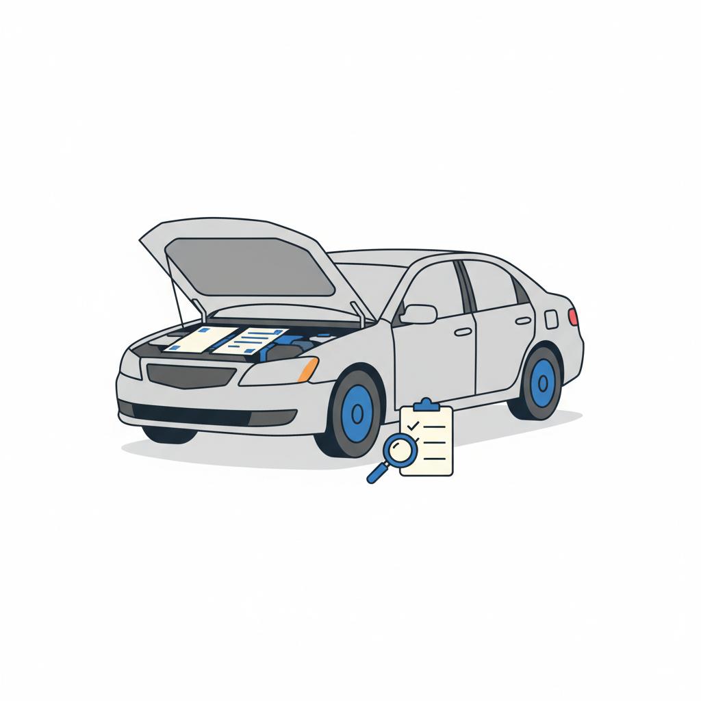 Minimalist 2D vector of a used sedan with open hood and inspection paperwork on the hood at an outdoor auction representing repossessed cars for sale