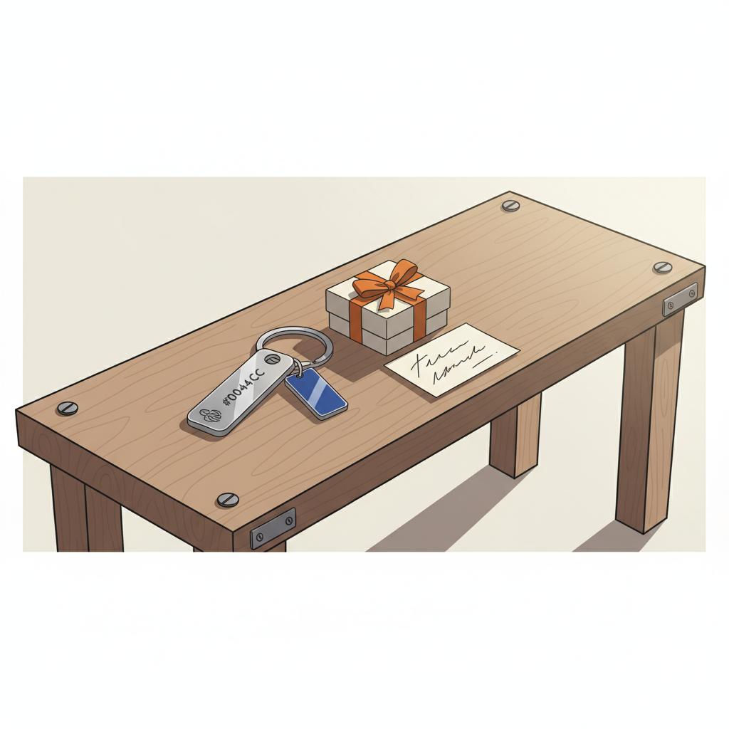 Minimalistisches 2D-Vektor-Stillleben auf Holzbank mit personalisiertem Metallschlüsselanhänger, kleiner Geschenkbox mit #0044CC und #ff9800 Akzenten und handschriftlicher Notiz – Geschenk zur Geburt