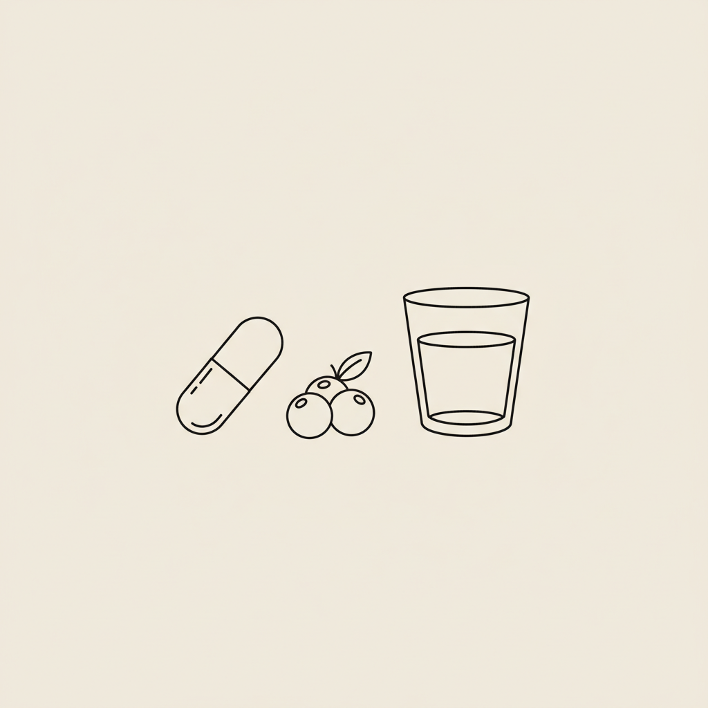 Tonum-style minimalist line illustration of a capsule, small berry cluster and water glass on beige background — what is the best stomach fat burner for women?