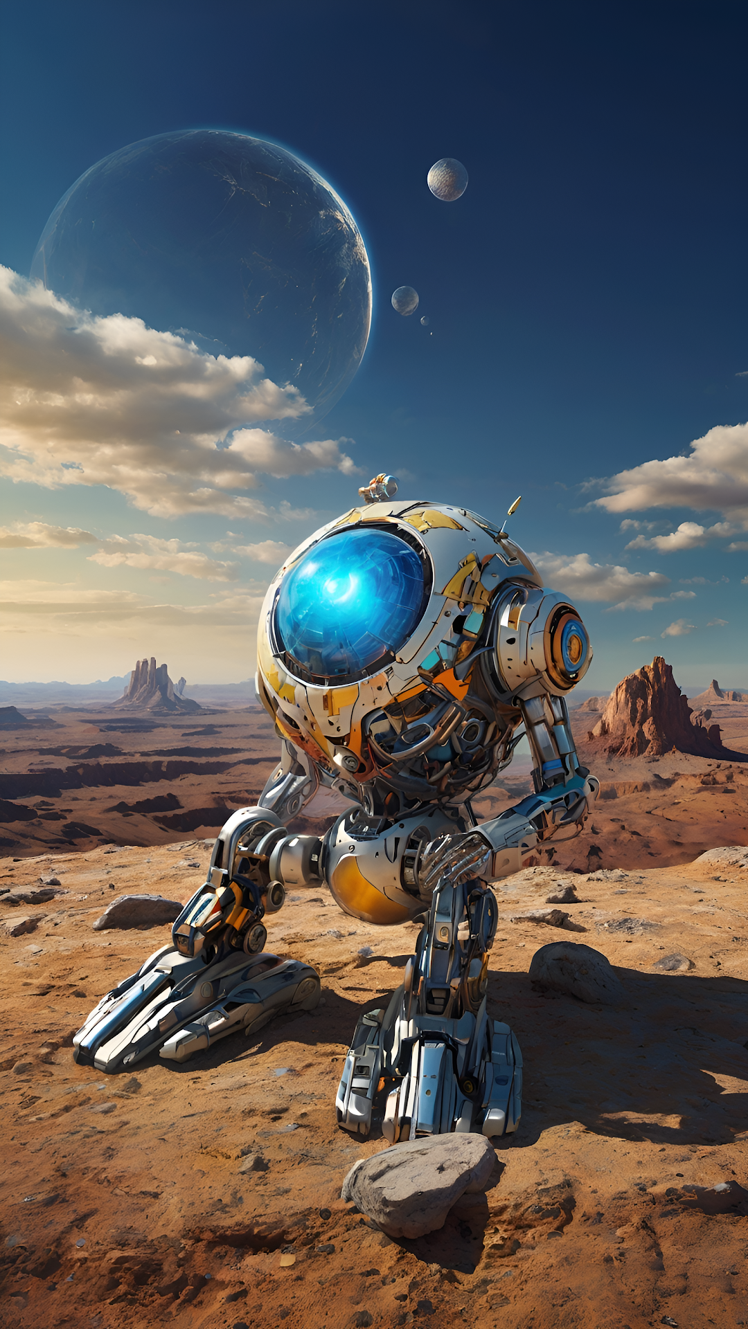Robot Exploring Alien Desert Under Giant Planets - Free 4K mobile Wallpaper