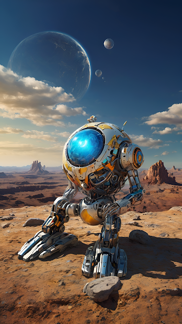 Robot Exploring Alien Desert Under Giant Planets - Free mobile Wallpaper